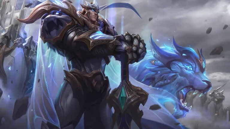 God-King Garen resting his hands on a sword beside a glowing blue lion