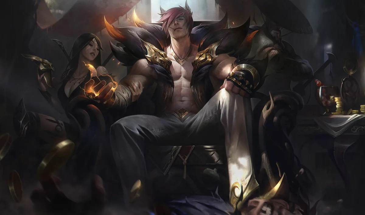Sett seated in a fighting pit with a fur collar and gold knuckle guards