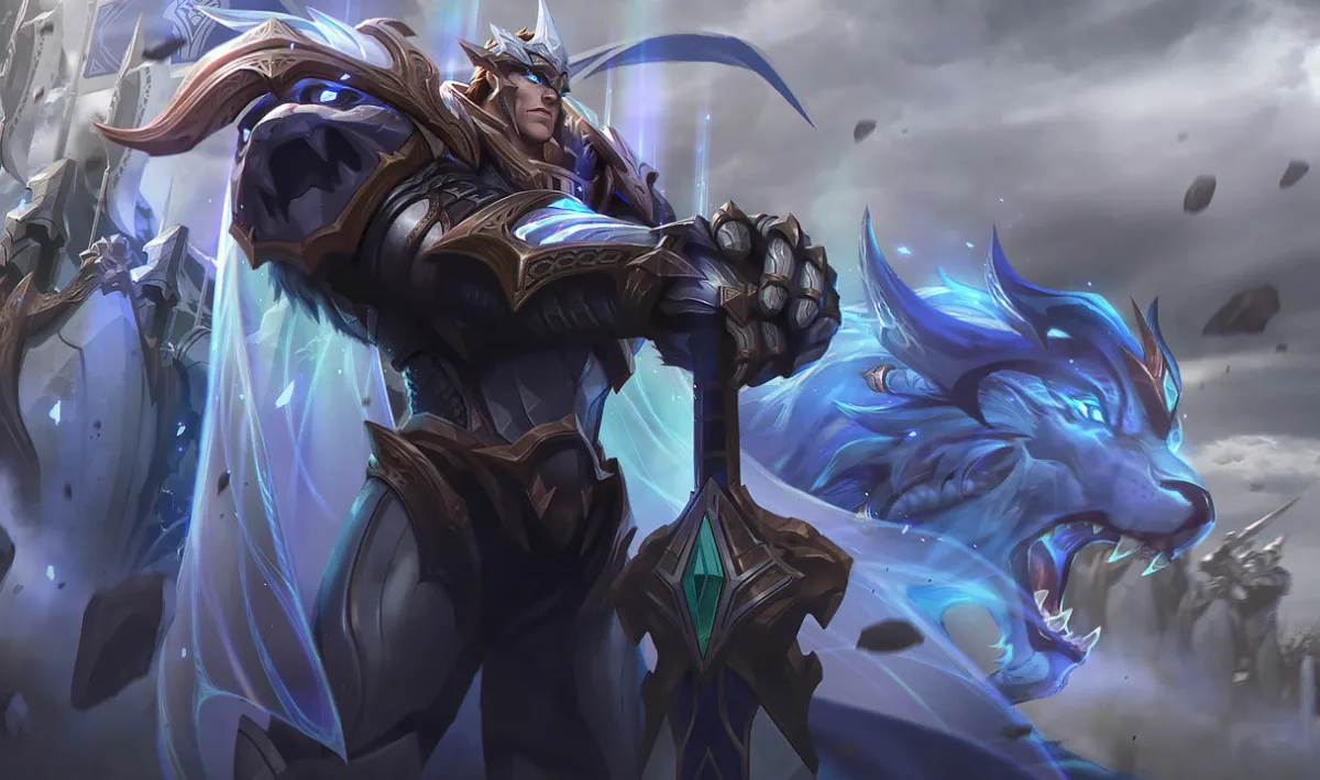 God-King Garen resting his hands on a sword beside a glowing blue lion
