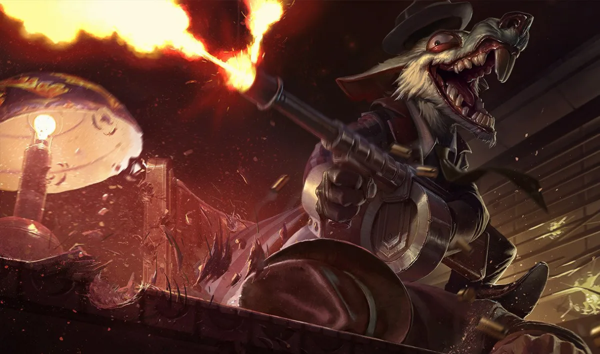 Crime City Twitch splash art with the rat in a fedora firing a drum-fed gun across a restaurant