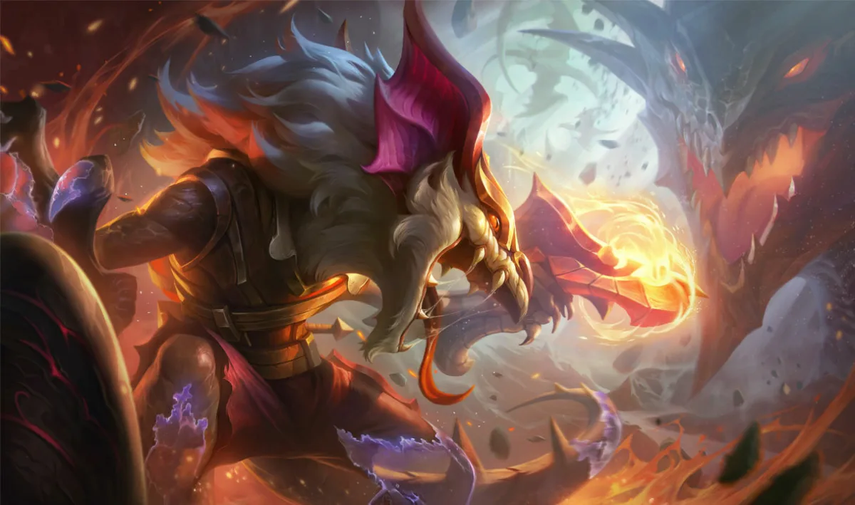 Dragonslayer Twitch splash art with the rat holding a flaming dragon-headed crossbow before a huge dragon