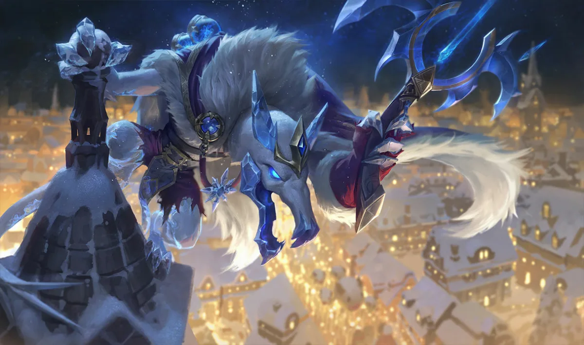 Ice King Twitch leaping from a snowy rooftop above a lit winter town with an ice crossbow