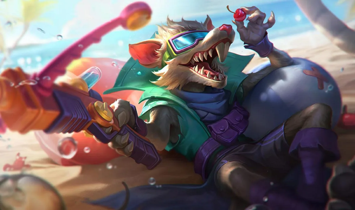 Pool Party Twitch splash art with the rat in goggles holding a bright coral water blaster beside a beach float