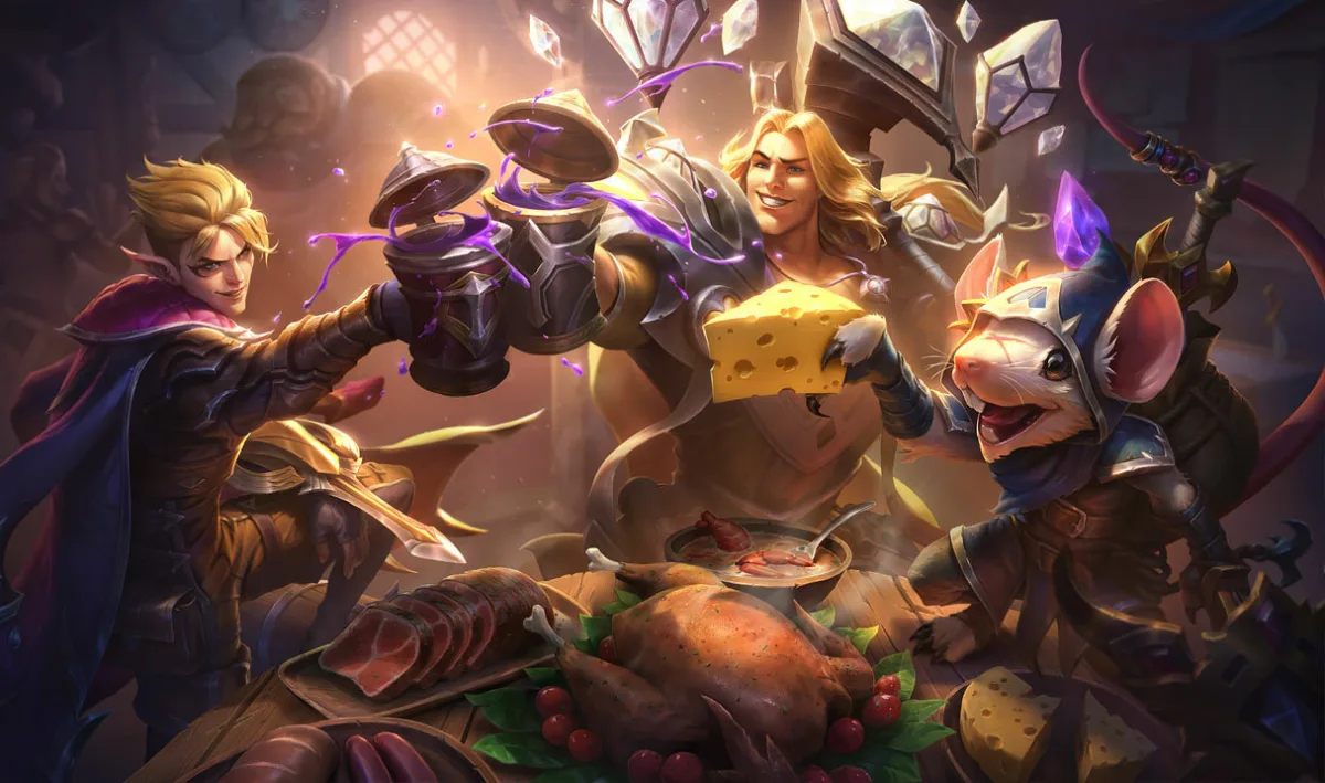 Twitch Shadowfoot splash art showing a white rat rogue in a crystal hood reaching for cheese at a tavern feast