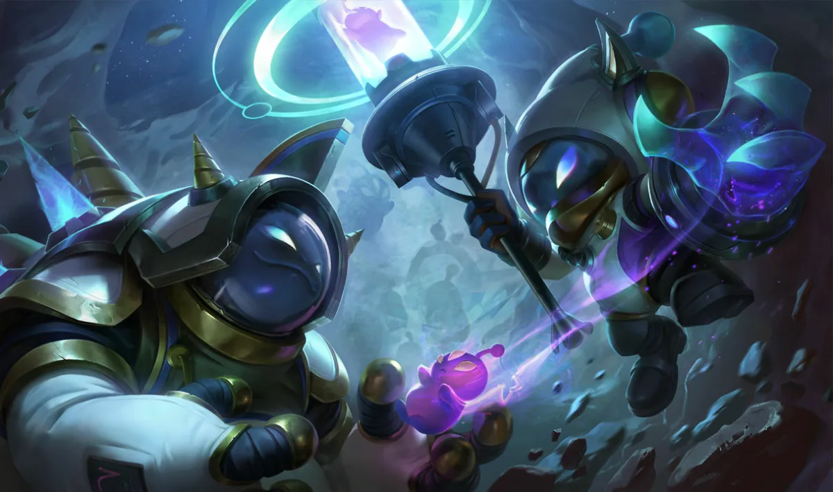 Astronaut Veigar floating on the right beside Astronaut Rammus