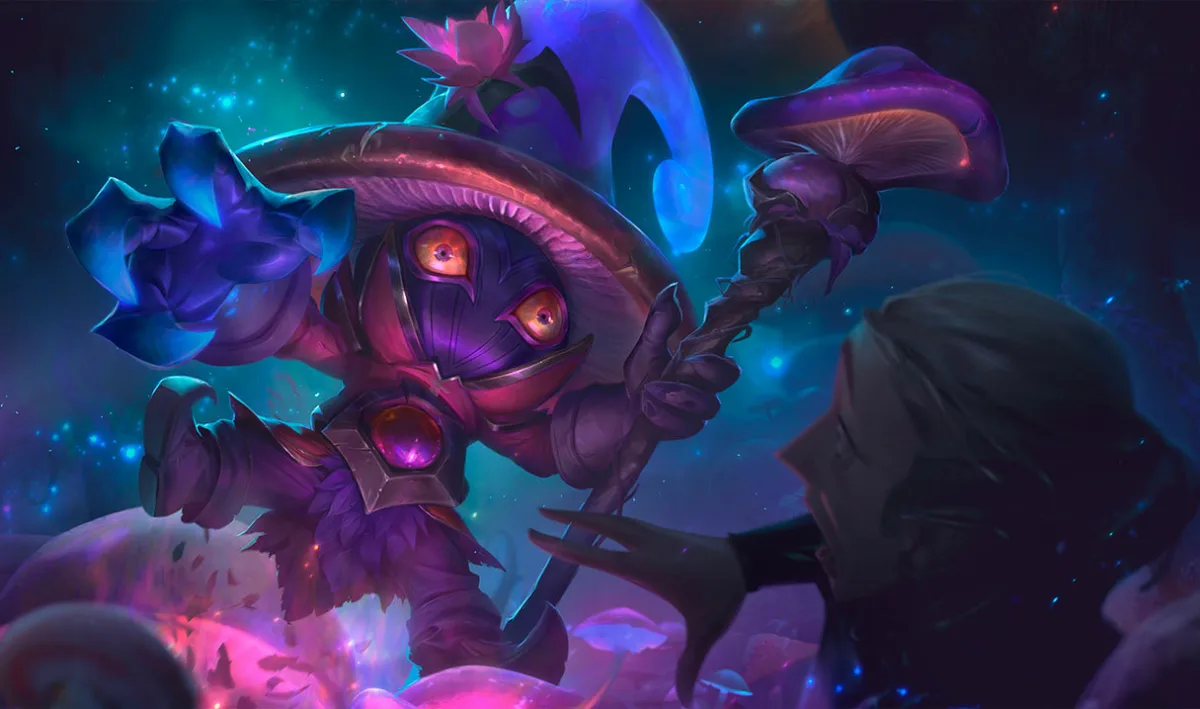 Elderwood Veigar holding a glowing mushroom beneath twisted trees
