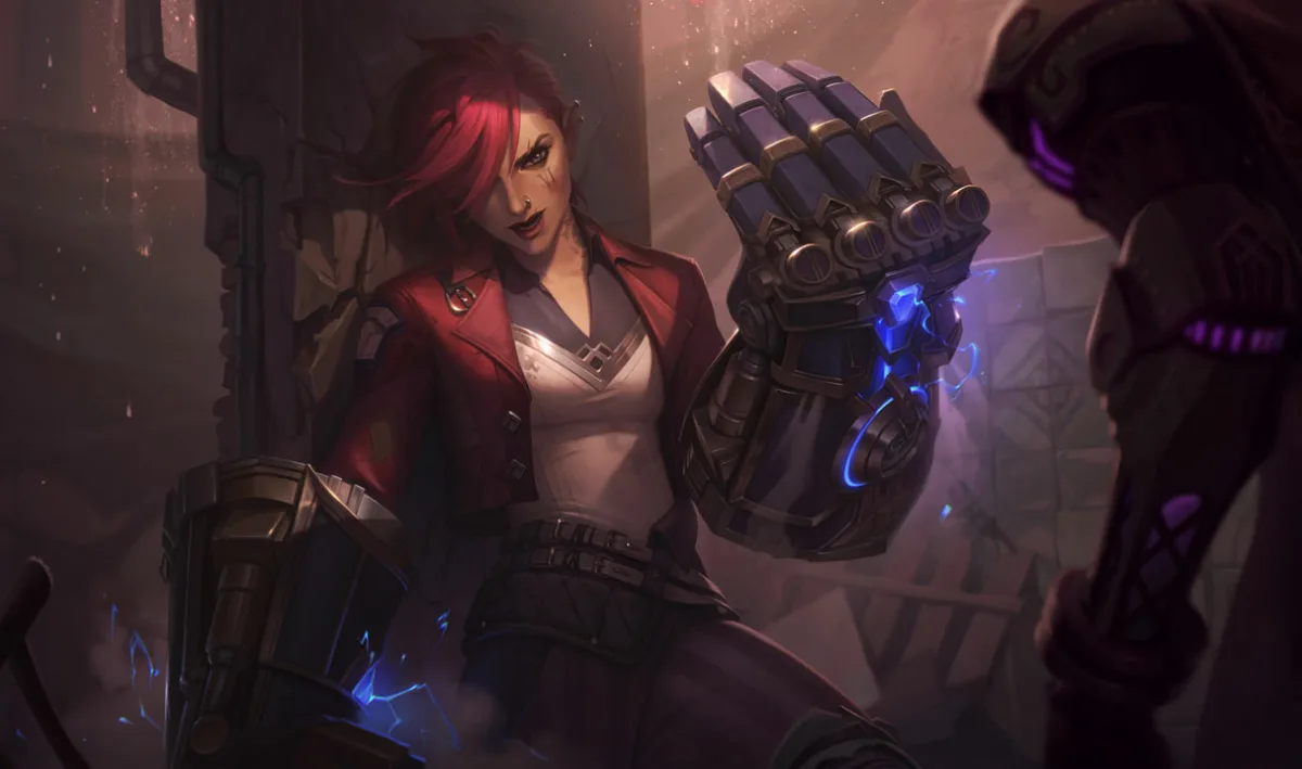 Arcane Undercity Vi in a red jacket holding a blue-lit metal gauntlet