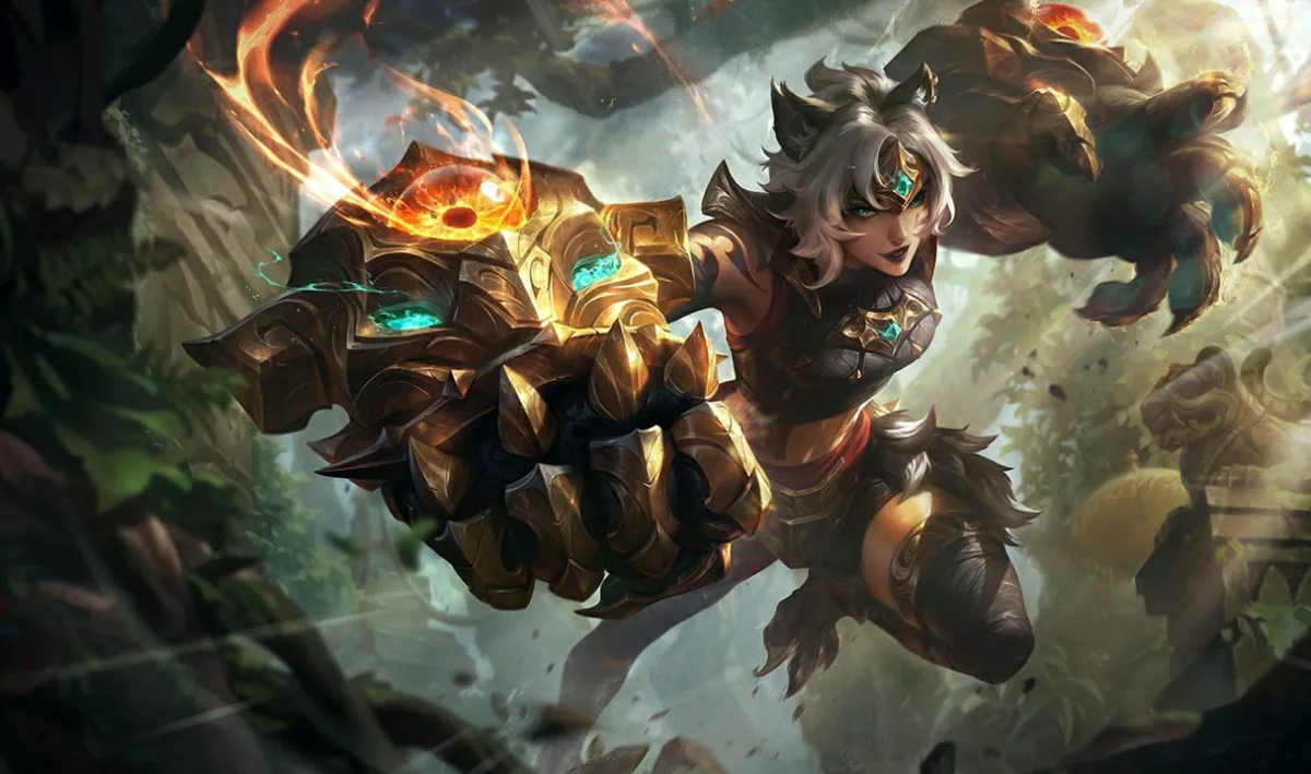Primal Ambush Vi leaping forward with gold beast-shaped gauntlets and teal accents