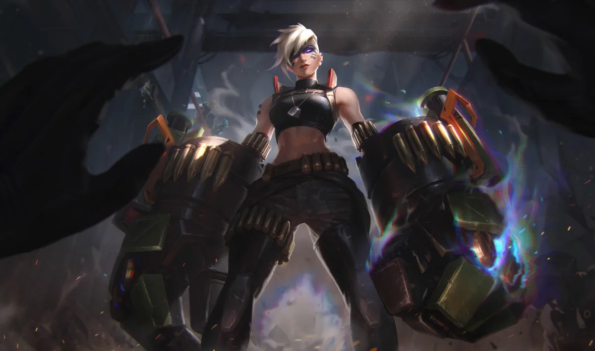 PsyOps Vi in a black tactical outfit with pale hair and massive powered gauntlets