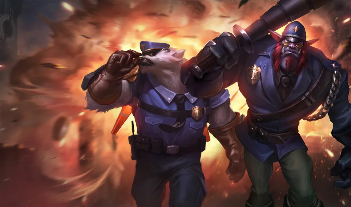 Captain Volibear adjusting his sunglasses on the left beside Constable Trundle, both in police uniforms in front of an explosion