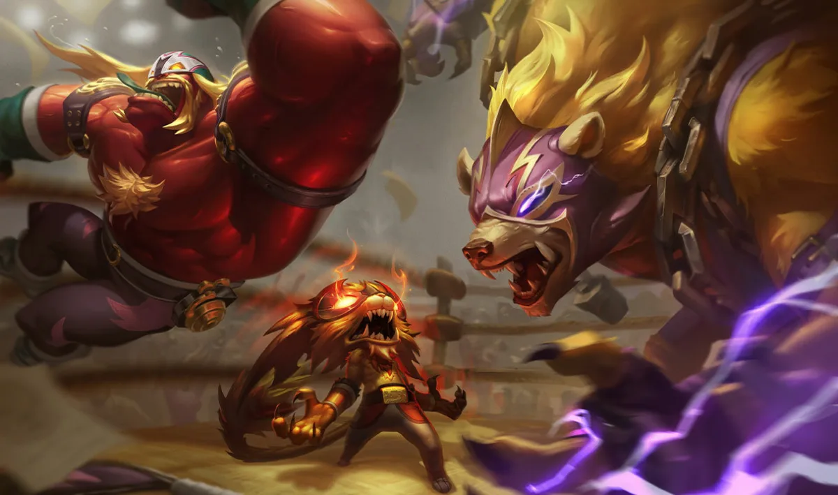 El Rayo Volibear in a purple lightning mask and a yellow mane leaping into a wrestling ring beside Gnar and Mundo