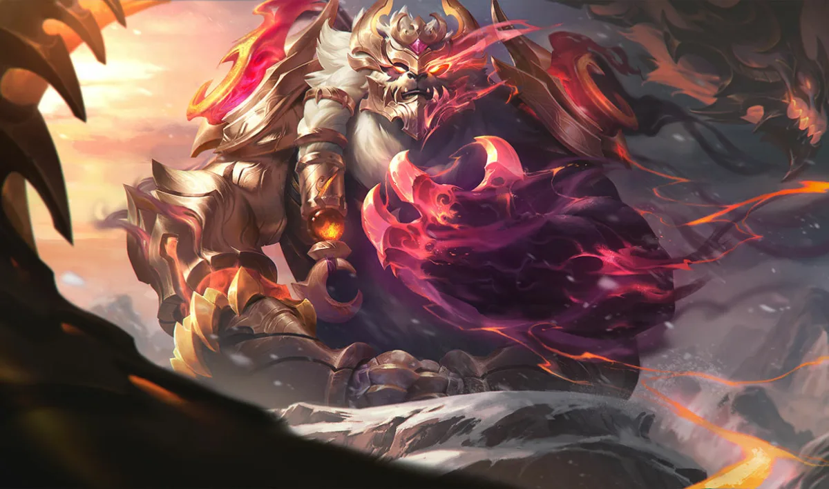Prestige Duality Dragon Volibear in bright gold armor with white braided fur and red-orange energy around one arm