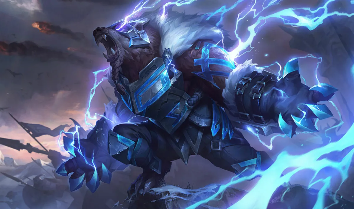Runeguard Volibear roaring in heavy blue-edged armor and a white fur collar with lightning around his gauntlets