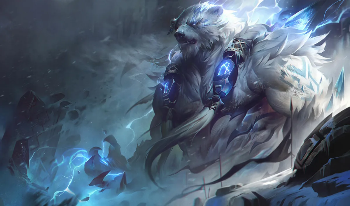Volibear with white fur and glowing blue runes standing among snowy ruins as lightning arcs around him