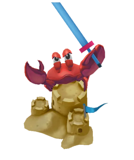 A red crab holding a long blue toy sword above a sandcastle with a small blue flag