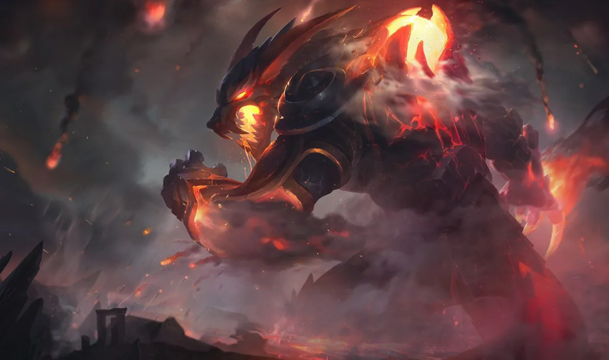 Firefang Warwick charging through smoke with molten claws and a burning mane