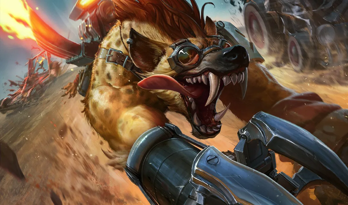 Hyena Warwick laughing in wasteland armor while leaning over a mounted weapon