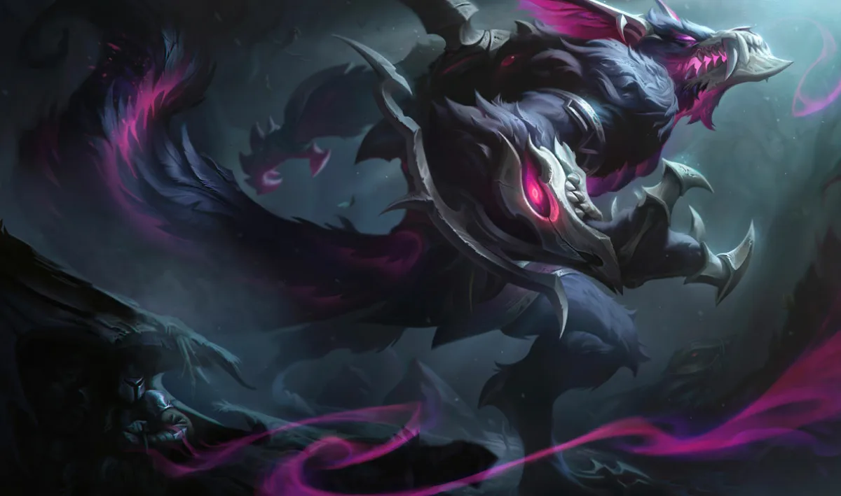 Old God Warwick running through a black forest with crimson tendrils behind him