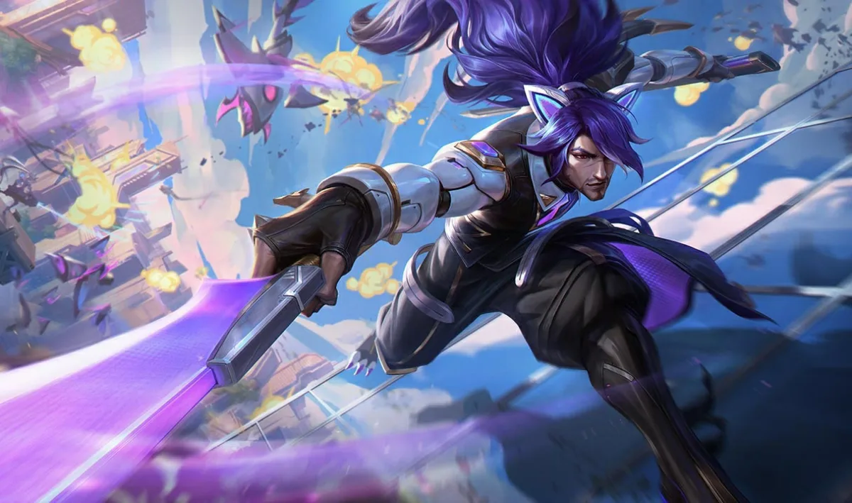 Battle Wolf Yasuo has purple hair and pointed animal-like ears, wearing silver shoulder armor as he swings a purple blade over a city.