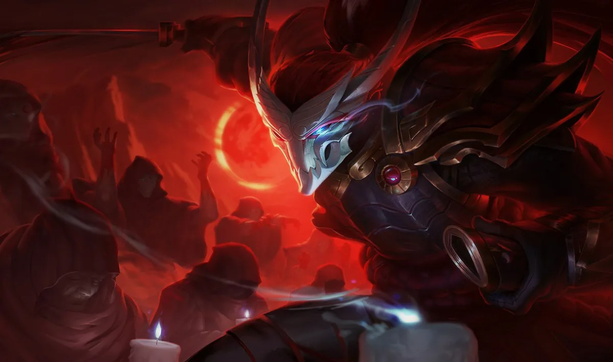 Blood Moon Yasuo wears a horned white mask, dark shoulder armor and red hair beside candles and a red moon.