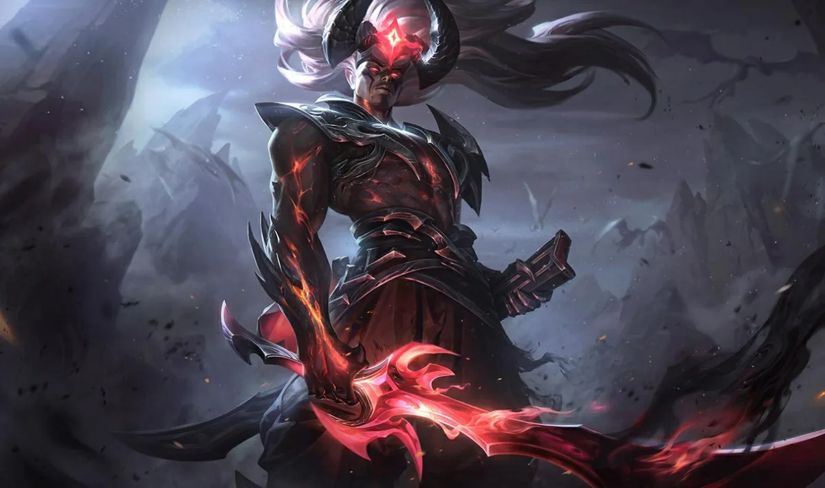 Genesis Nightbringer Yasuo stands with large black horns, white hair, a glowing red forehead mark and a red curved sword.