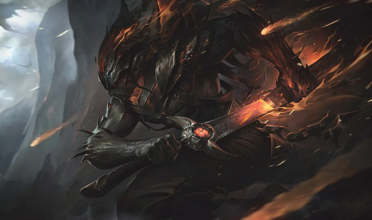 Nightbringer Yasuo grips a glowing orange blade with both hands as dark spikes and ember-like hair frame his body.