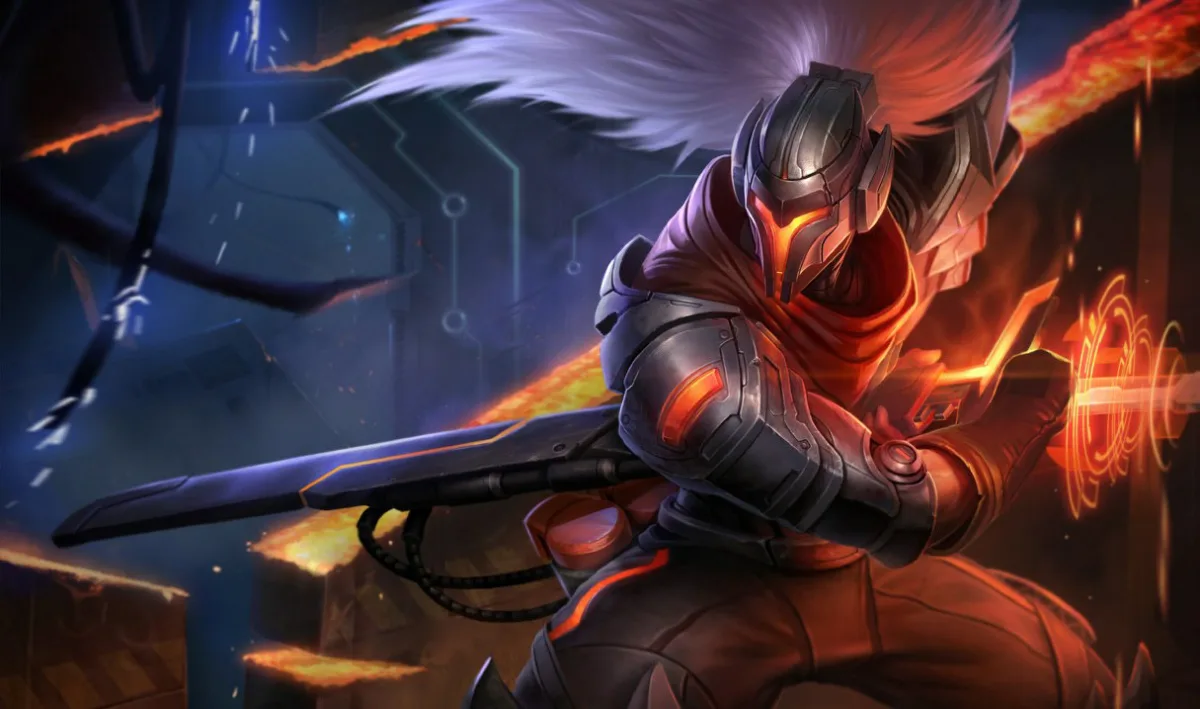 PROJECT: Yasuo wears a full metal helmet with an orange visor and holds a technological sword across his armored body.