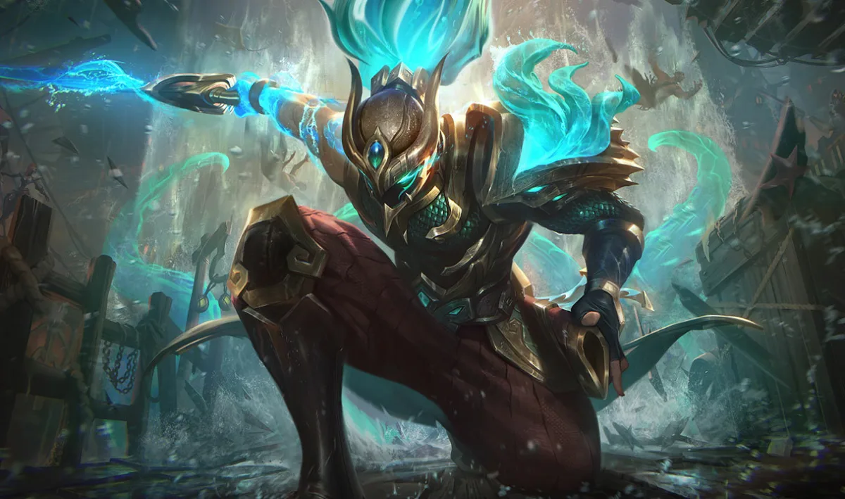Sea Dog Yasuo wears a gold-edged full mask and scale-like armor, with turquoise hair and watery trails around his sword.