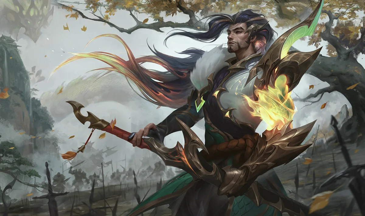 Truth Dragon Yasuo wears bronze and green armor with a white fur collar and a glowing gold arm, amid fallen leaves and planted swords.
