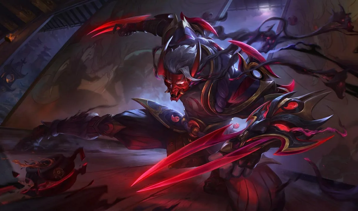 Blood Moon Zed lunging through a shrine in a red demon mask