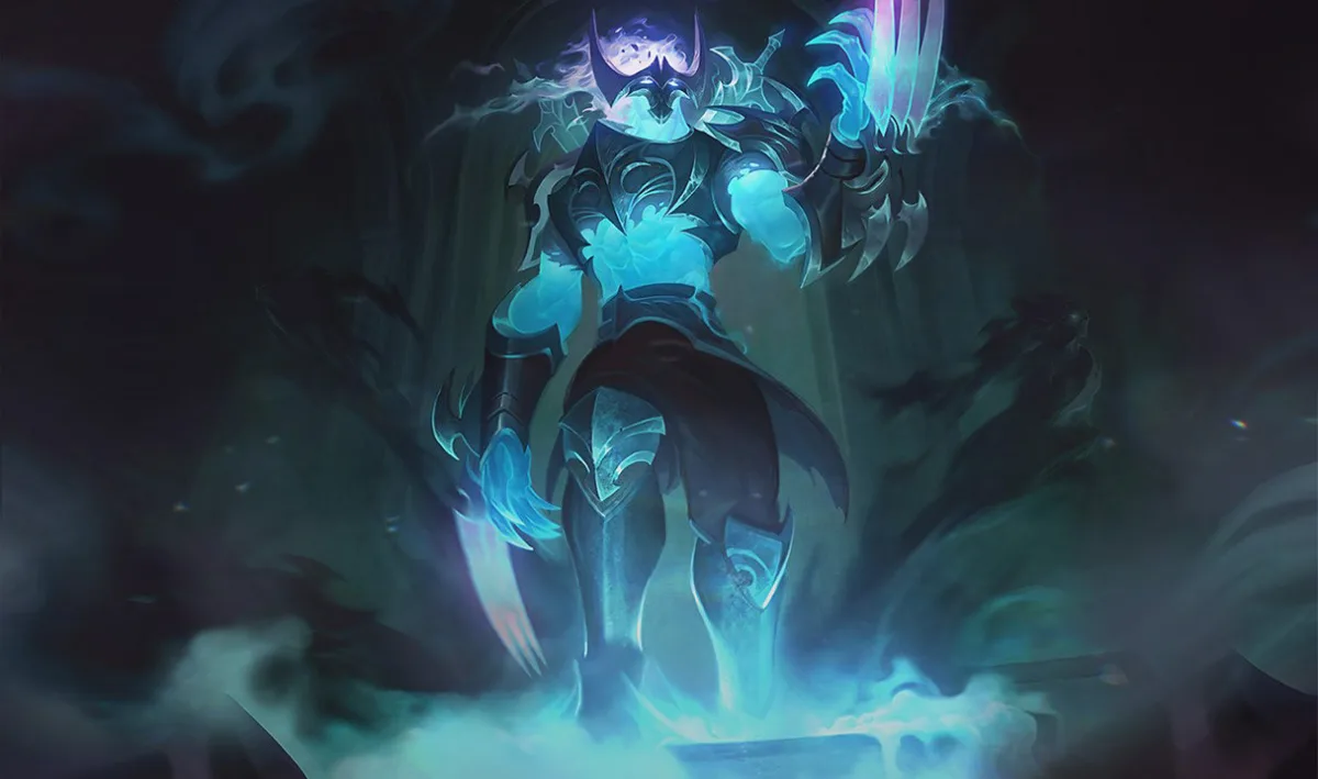 Death Sworn Zed rising as a cyan spirit with spectral arm blades