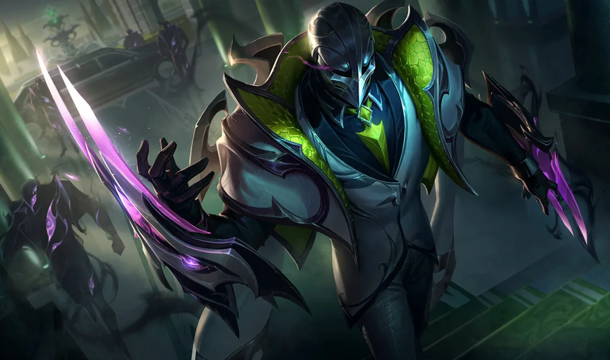 Debonair Zed in a white suit with green lapels and violet blades