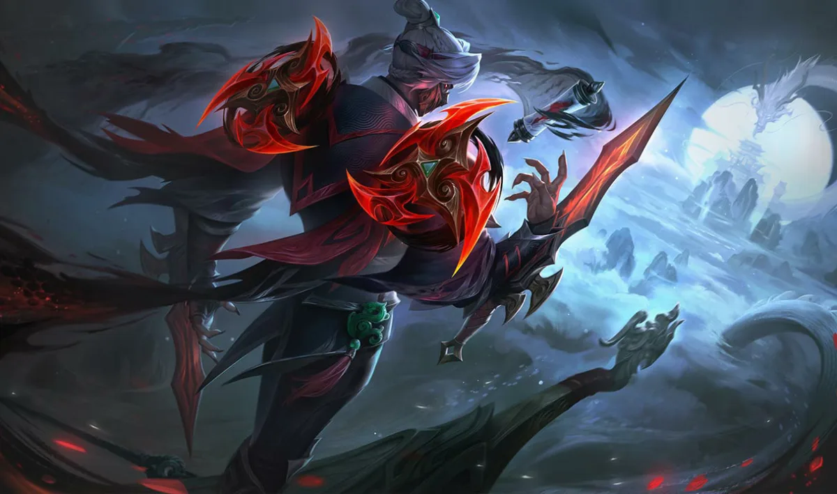 Immortal Journey Zed carrying red crescent blades above a moonlit mountain path