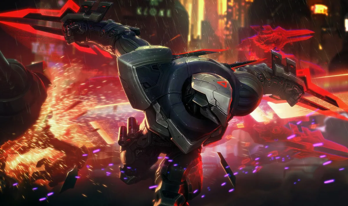 PROJECT Zed diving through a rain-soaked city with red energy blades