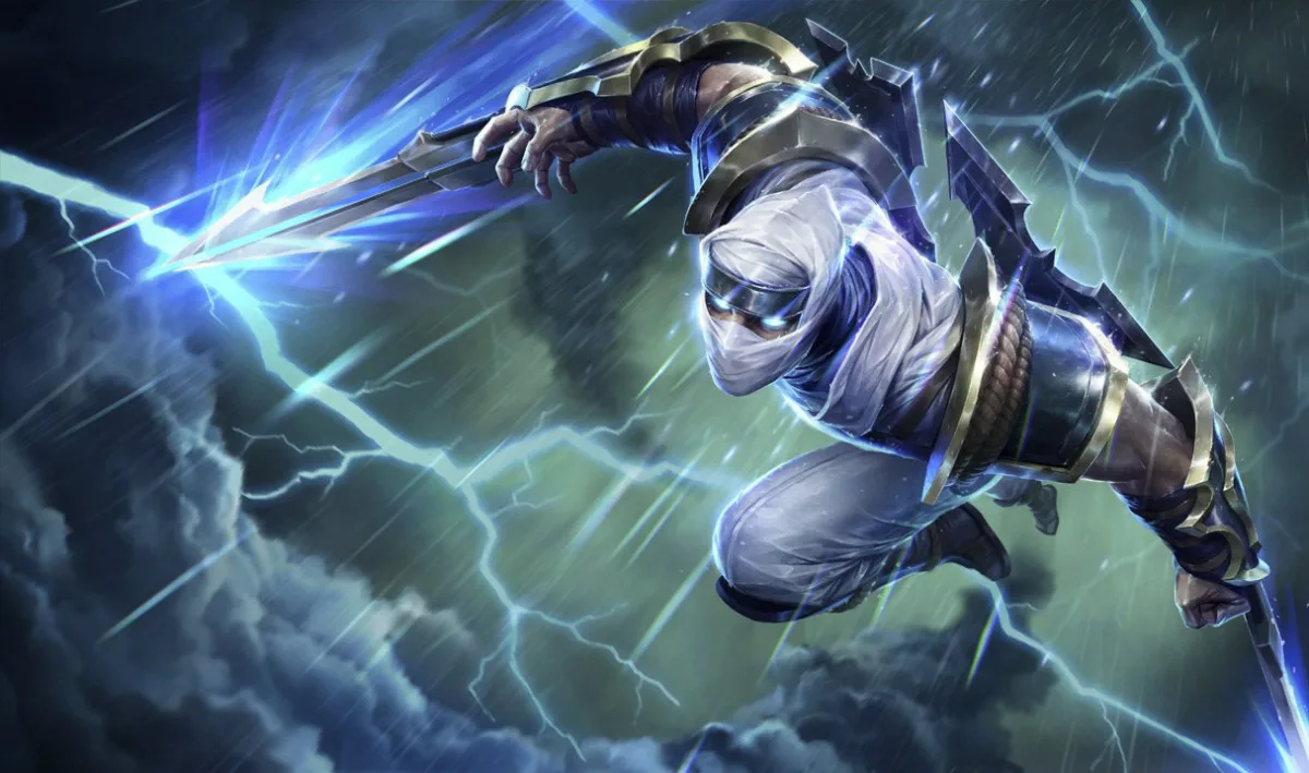 Shockblade Zed leaping through a lightning storm in white wraps