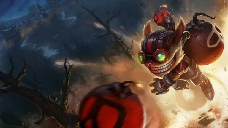 Ziggs in green goggles and a red flight helmet leaps amid round bombs with burning fuses