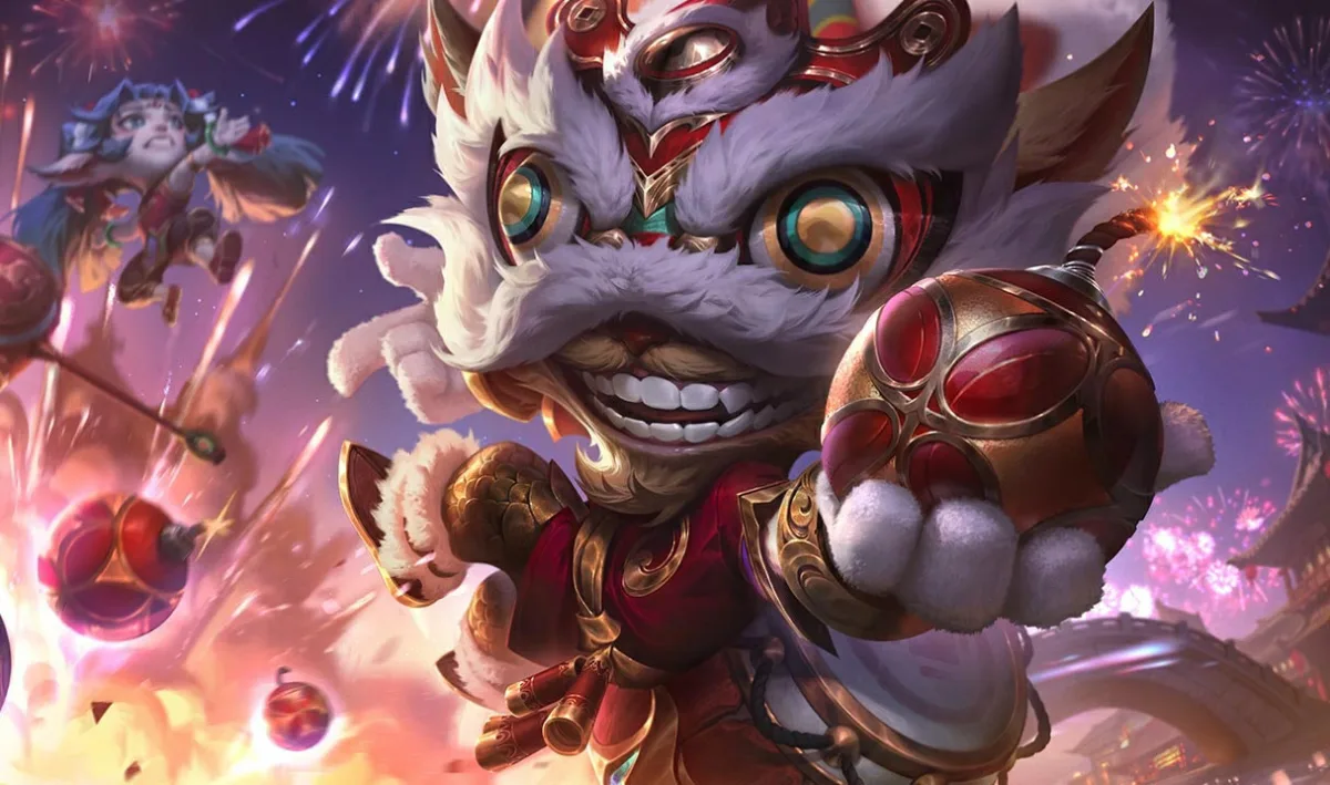 Firecracker Ziggs in a white furry lion-dance headpiece and red-and-gold clothing holds a decorated round bomb amid fireworks
