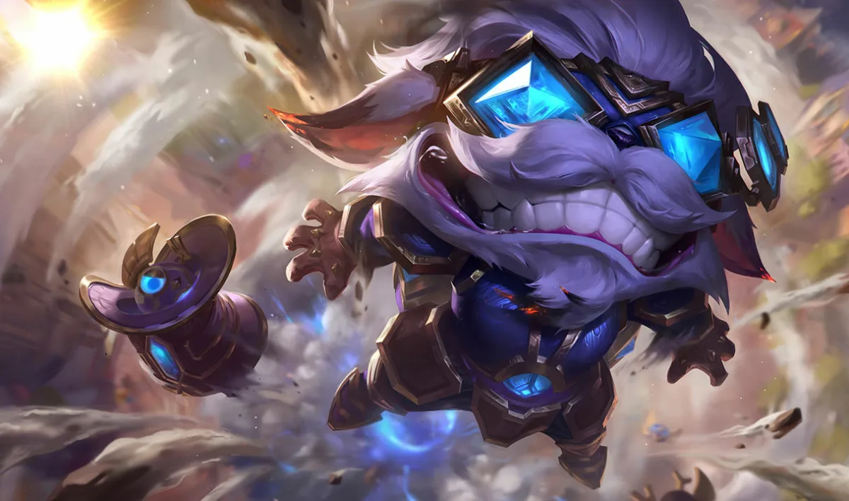 Hextech Ziggs with white hair and a curled mustache wears blue crystal goggles beside a small mechanical bird