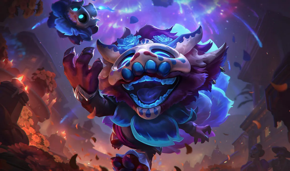 La Ilusión Ziggs with a pale skull-like face, glowing blue eyes and purple fur tosses a small flower-framed skull