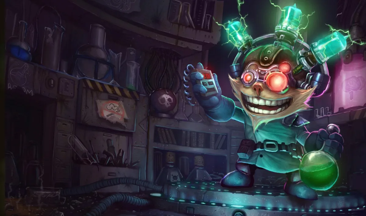 Mad Scientist Ziggs in a pale lab coat and red-lensed goggles holds green chemicals beneath a sparking head apparatus
