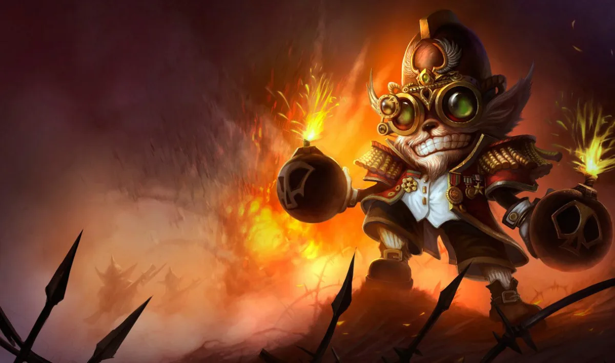 Major Ziggs in a red-and-black officer's coat, gold epaulets and a tall black military hat holds two round bombs on a burning battlefield