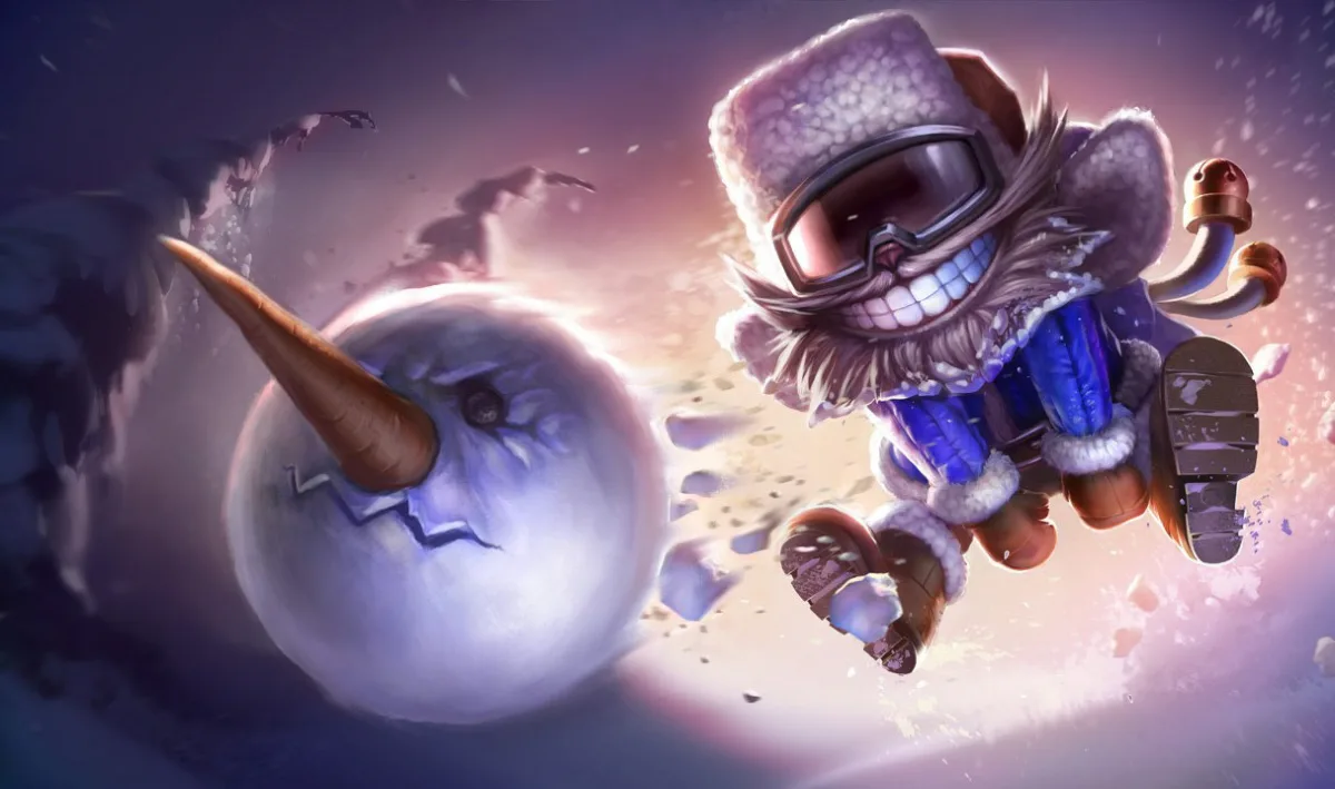 Snow Day Ziggs in a blue fur-trimmed coat, winter hat and ski goggles runs beside a huge snowball with a carrot nose