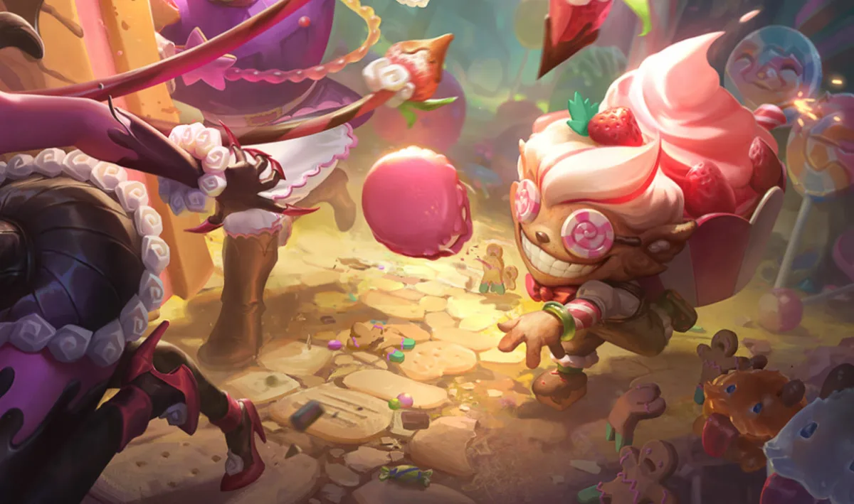 Sugar Rush Ziggs at the right with pink candy goggles, whipped-cream hair and a large cupcake on his back in a candy landscape