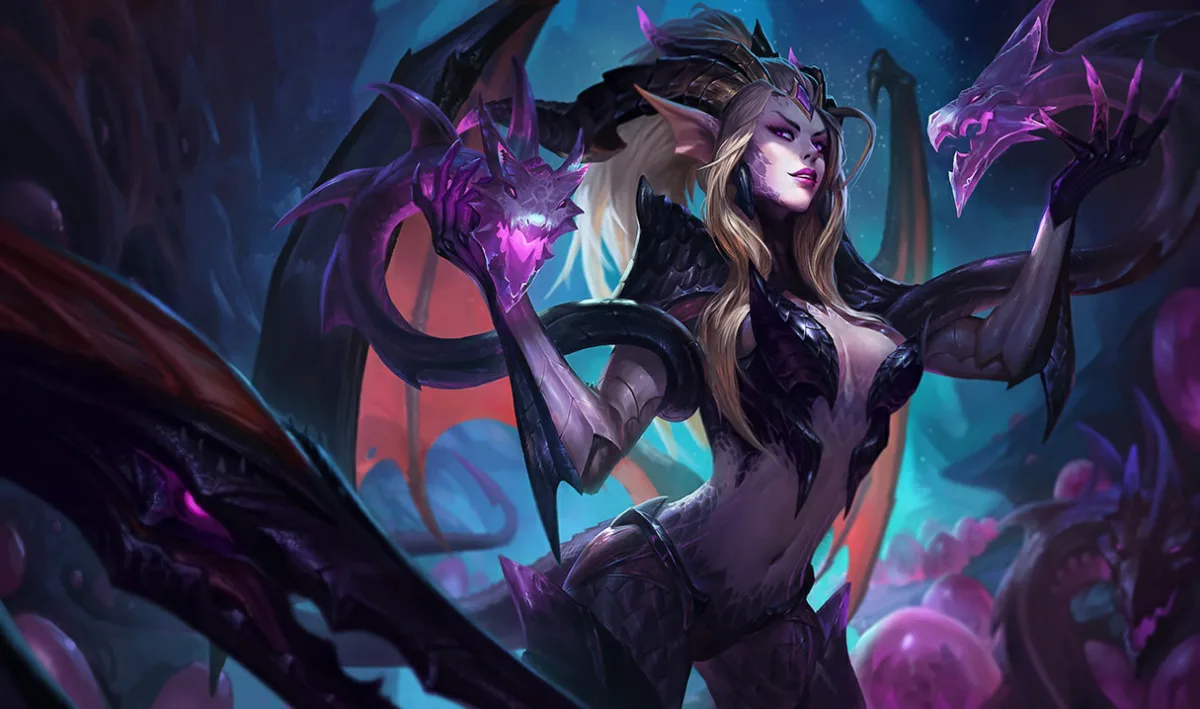 Dragon Sorceress Zyra holding two purple dragons above a nest of eggs