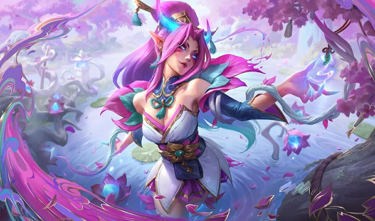 Spirit Blossom Zyra among pink petals and blue spirit flowers