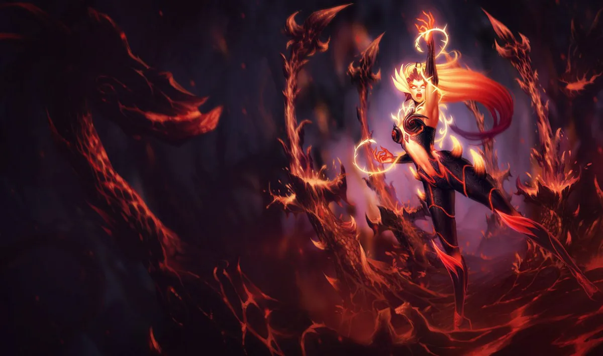 Wildfire Zyra standing inside a forest consumed by orange flame
