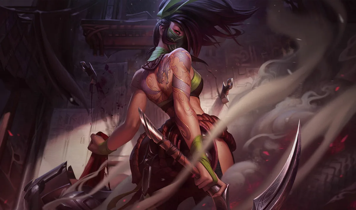 Akali wearing a green mask and holding curved blades in a cloud of smoke