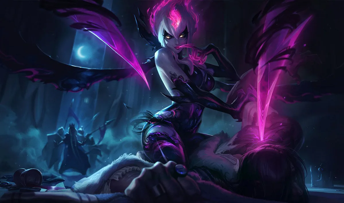 Evelynn with glowing purple lashers leaning over a man in a dark room