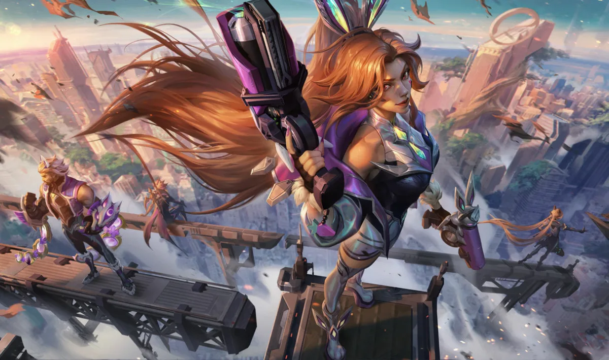 Battle Bunny Miss Fortune firing both pistols on a city rooftop