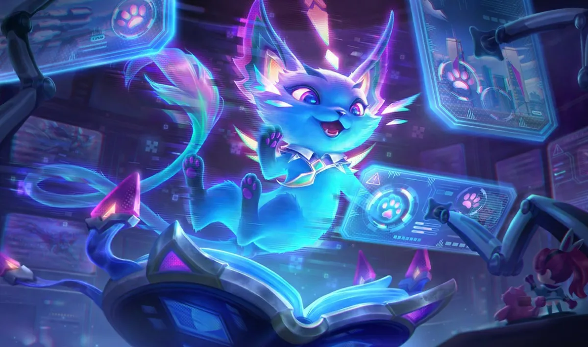 Cyber Cat Yuumi floating above a holographic control deck